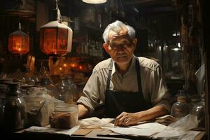 ai généré plus âgée asiatique homme vendeur dans une traditionnel remèdes magasin photo