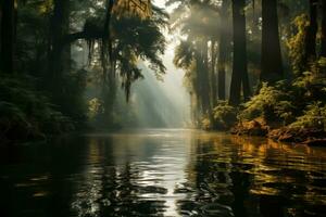 ai généré brumeux paysage, rivière dans tropical forêt pendant haute saison photo