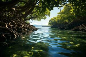 ai généré mangrove des arbres sur le rivage, fermer photo