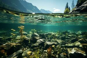 ai généré sous-marin vue de Montagne rivière avec l'eau surface et alpin Contexte pendant haute l'eau photo