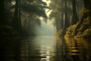 ai généré paysage aquatique - rivière dans marécageux forêt tropicale, bayou, inondé forêt photo