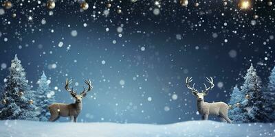 ai généré cerf permanent dans hiver neige Contexte avec Noël arbre. joyeux Noël et content Nouveau an. ai généré photo