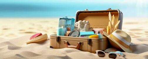 ai généré plage préparation, accessoires dans valise sur sable. génératif ai photo