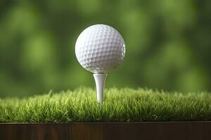 ai généré blanc le golf Balle sur en bois tee avec herbe. génératif ai photo