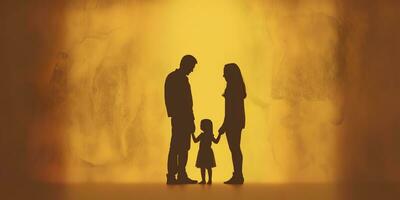 ai généré ombre de content famille ensemble, Parents avec leur peu bébé à le coucher du soleil. une silhouette de l'amour et unité. ai génératif photo