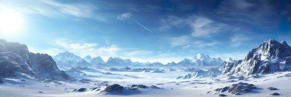 ai généré vaste désolé neige atterrir, gros montagnes dans le arrière-plan, chute de neige avec lumière bleu ciel et lumière bleu couleurs, paisible atmosphère, ai génératif photo