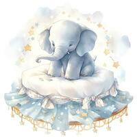 ai généré un l'éléphant sur une lit avec étoiles et couvertures autour le cercle. ai généré photo