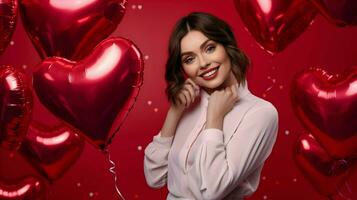 ai généré femme avec cœur forme ballon célébrer Valentin journée photo