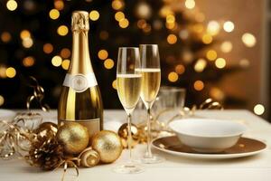 ai généré Noël table réglage avec vacances décorations dans du vin bouteille et du vin des lunettes contre bokeh Contexte photo