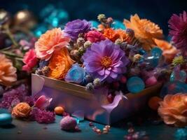 ai généré fleurs ensemble. magnifique luxe bouquet dans le boîte. le travail de le fleuriste à une fleur magasin. photo