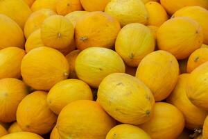 fermer Jaune citrouilles sont empilé en haut. vente de citrouilles et l'automne récolte. photo