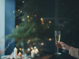 ai généré Champagne des lunettes avec nourriture et Noël arbre dans vivant chambre, intérieur mode de vie fête Nouveau année esthétique style photo