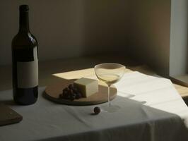 ai généré du vin verre et fromage avec fruit dans lumière et ombre ambiance Ton photo