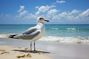 ai généré mouette sur le plage en dessous de bleu ciel. photo