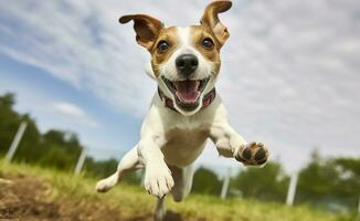 ai généré jack russel pasteur chien courir vers le caméra faible angle haute la vitesse tir. ai généré photo