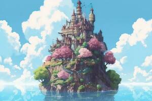 ai généré ancien céleste flottant île dans le ciel avec une château, vibrant, fantastiquepunk, ai génératif photo