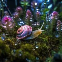 ai généré iridescent escargot dans une Fée forêt, proche en haut de une chatoyant coquille. ai génératif photo