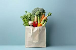 ai généré épicerie plein sac. blanc achats sac avec des légumes dans lumière bleu Contexte. génératif ai photo