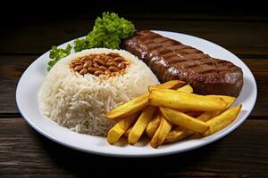 ai généré riz, haricots, français frites, et Viande. génératif ai photo