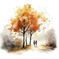 ai généré aquarelle l'automne paysage avec une couple marche. ai généré photo