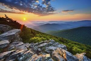 ai généré le coucher du soleil sur pierreux homme Montagne. ai généré photo