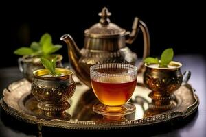 ai généré traditionnel marocain thé ensemble avec décoratif théières, lunettes, et menthe feuilles. génératif ai photo