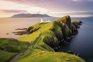 ai généré Skye île nid point phare dans montagnes. ai généré photo