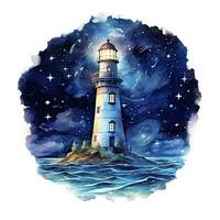 ai généré phare à côté de le mer à nuit. aquarelle pour T-shirt conception. ai généré photo