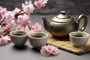 ai généré traditionnel cérémonie. tasses de brassée thé, théière et Sakura fleurs sur gris tableau. génératif ai photo