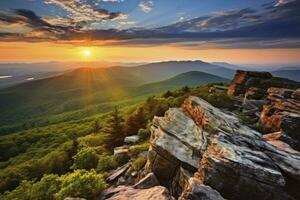 ai généré le coucher du soleil sur pierreux homme Montagne. ai généré photo