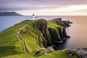 ai généré Skye île nid point phare dans montagnes. ai généré photo