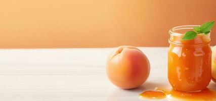 ai généré abricot confiture dans une verre pot, les pêches et abricots, affiche, bannière, endroit pour texte photo