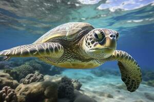 ai généré vert tortue à le eau de mer. ai généré photo