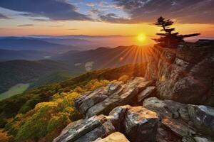 ai généré le coucher du soleil sur pierreux homme Montagne. ai généré photo