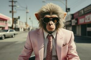 ai généré une singe est portant des lunettes de soleil, costume et permanent sur rue. ai généré photo