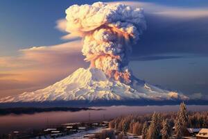 ai généré volcanique éruption dans neigeux montagnes. généré par artificiel intelligence photo