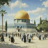 ai généré vieux ville de Jérusalem dôme de le Roche Al aqsa, aérien drone vue de Jérusalem vieux ville Al aqsa mosquée, numérique illustration photo