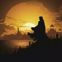 ai généré arabe femme porté dans traditionnel hijab sur le le coucher du soleil à une désert avec ville silhouette sur le Contexte. photo