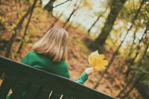 femme en portant tomber feuille et prendre plaisir dans l'automne tandis que séance dans le parc. photo