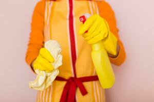 image de femme au foyer nettoyage avec vaporisateur bouteille et serpillière. photo