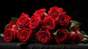 ai généré une bouquet de rouge des roses séance sur une noir tissu photo