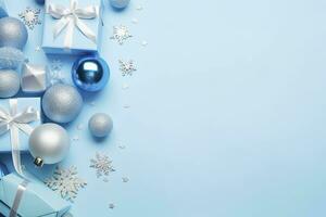 ai généré Noël veille concept. Haut vue photo de bleu et argent babioles flocon de neige ornements élégant présent des boites et confettis. ai généré