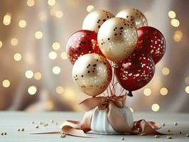 ai généré élégant rouge et or métallique rouge et or des ballons avec confettis. la Saint-Valentin jour, international aux femmes jour, romantique Contexte photo