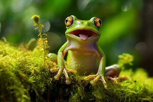 ai généré vert arbre grenouille séance sur mousse dans le forêt tropicale. faune scène de la nature. photo