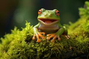 ai généré vert arbre grenouille séance sur mousse dans le forêt tropicale. faune scène de la nature. photo