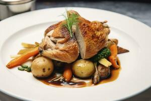 ai généré plaqué poulet rôti dîner sur une blanc assiette avec carotte et morille champignon. ai généré. photo