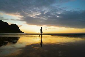 ai généré une la personne en marchant sur le plage à le coucher du soleil. ai généré. photo