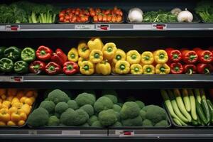 ai généré des fruits et des légumes sur magasin supporter dans supermarché épicerie magasin. ai généré photo