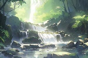 ai généré aquarelle scène de une en cascade cascade entouré par forêt tropicale. ai généré. photo