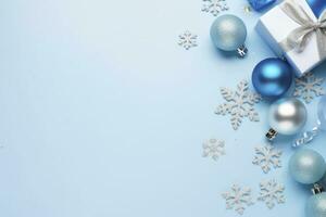 ai généré Noël veille concept. Haut vue photo de bleu et argent babioles flocon de neige ornements élégant présent des boites et confettis. ai généré